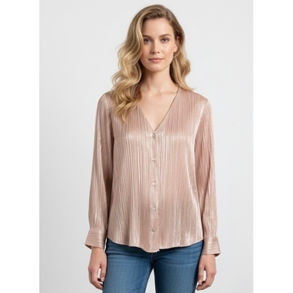 Elie Tahari Rose Gold Plisse Pleated V-Neck Button Front Blouse Size L